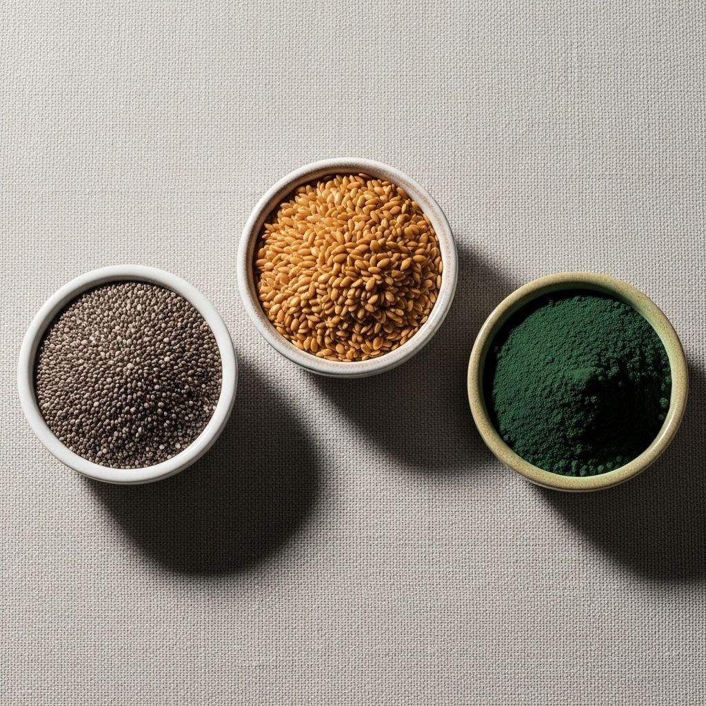 A flat lay of small ceramic bowls containing chia seeds, golden flaxseeds, and spirulina powder on a neutral linen background with soft diffused natural light showing the texture of each ingredient