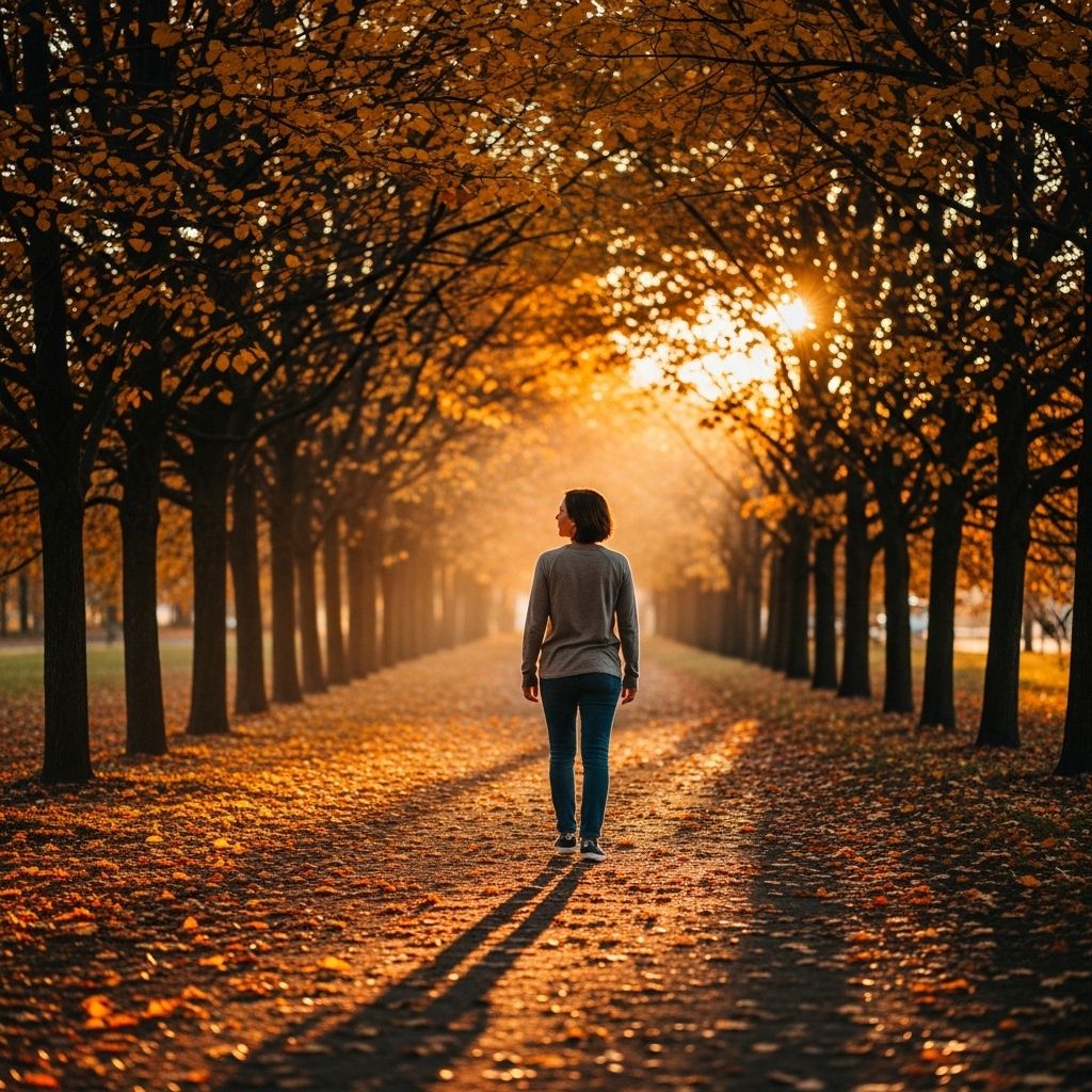 A person walking along a tree-lined path in a park during golden hour, wearing casual clothes, with soft warm sunlight filtering through the leaves